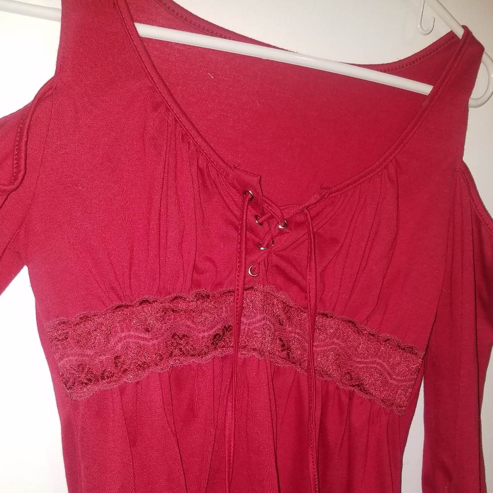 Burgundy Peasant Cut-Out Shoulder Top